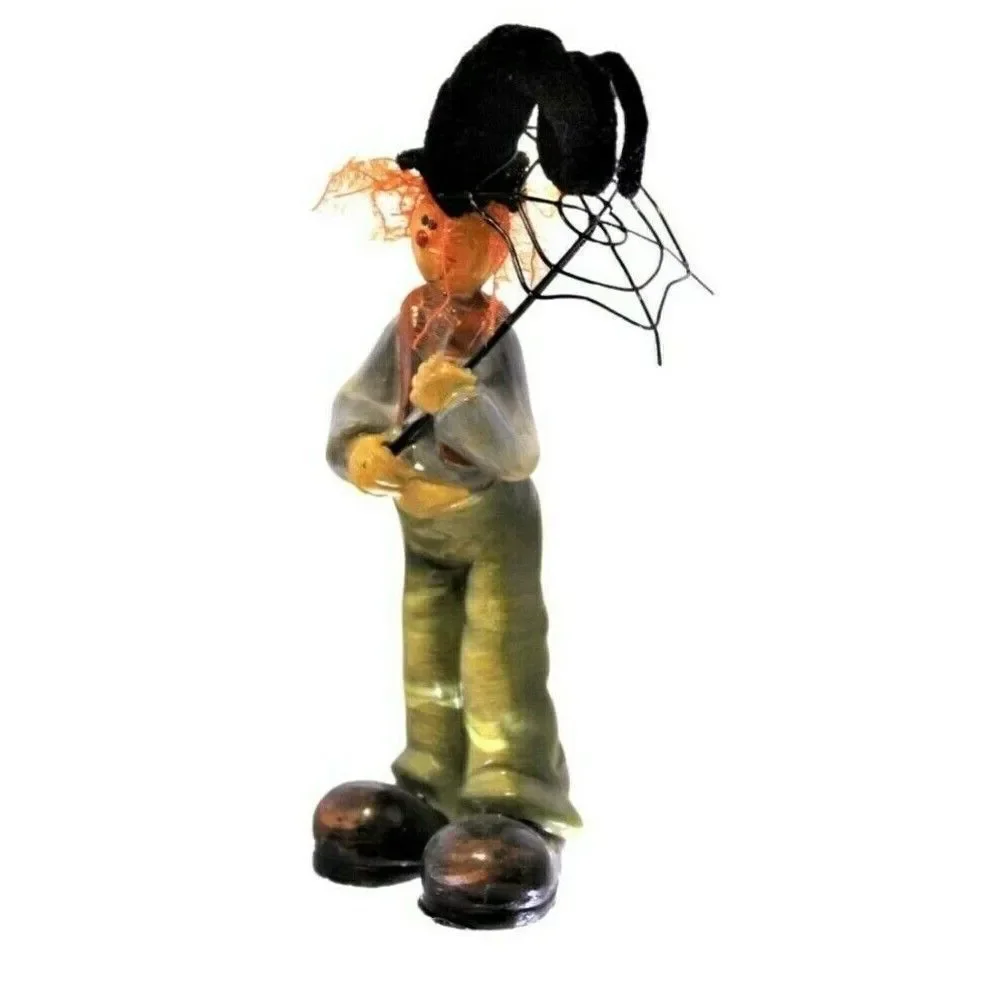 Clown Pumpkin Head Figurine Primitive Vintage Resin Shabby Umbrella & Fuzzy Hair
